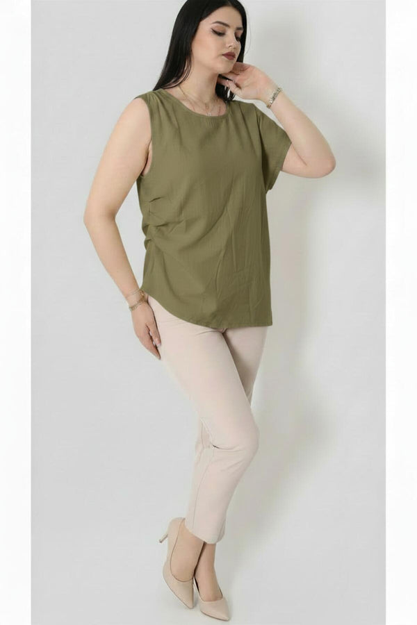 Kadın Tencel Yanı Pileli Bluz  Haki