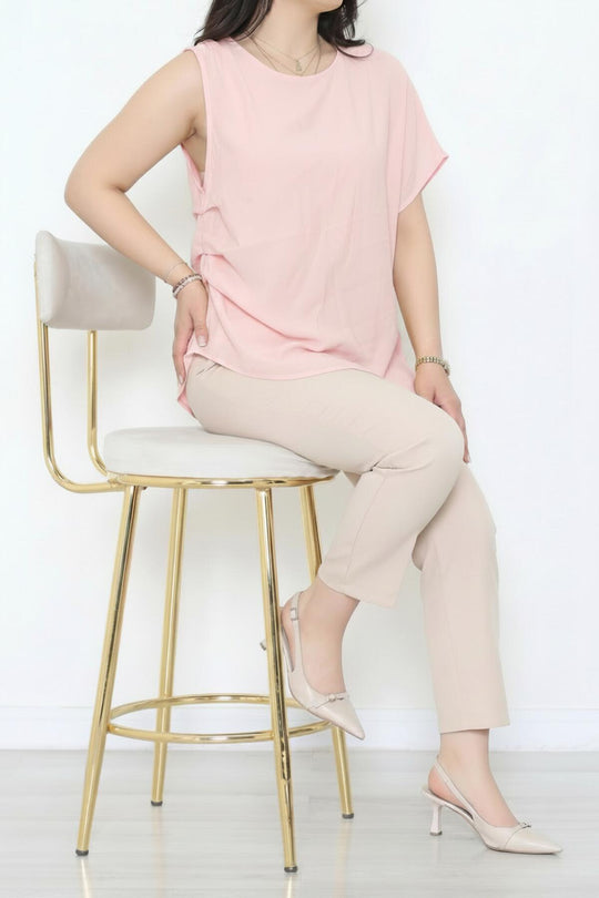 Kadın Tencel Yanı Pileli Bluz  Pembe