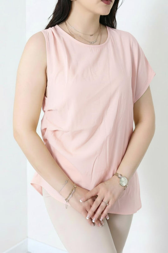 Kadın Tencel Yanı Pileli Bluz  Pembe