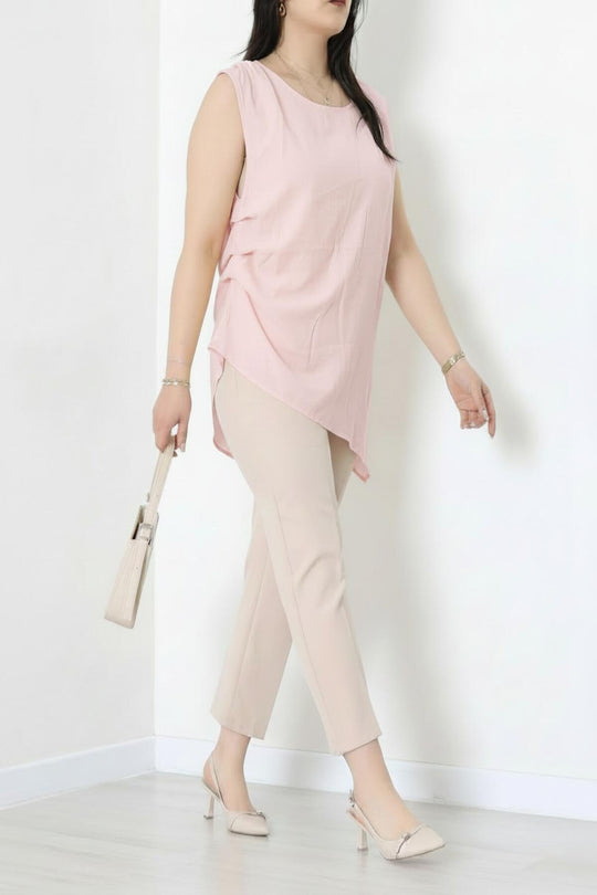 Kadın Tencel Yanı Pileli Bluz  Pembe