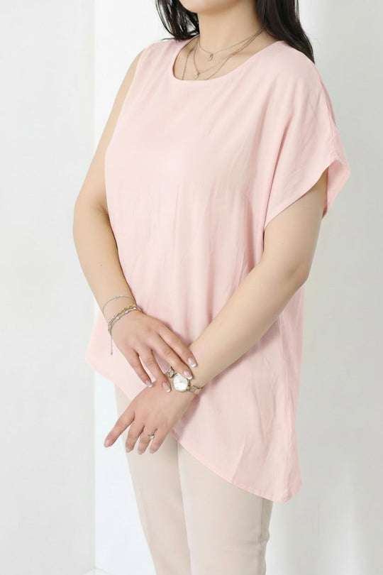Kadın Tencel Yanı Pileli Bluz  Pembe