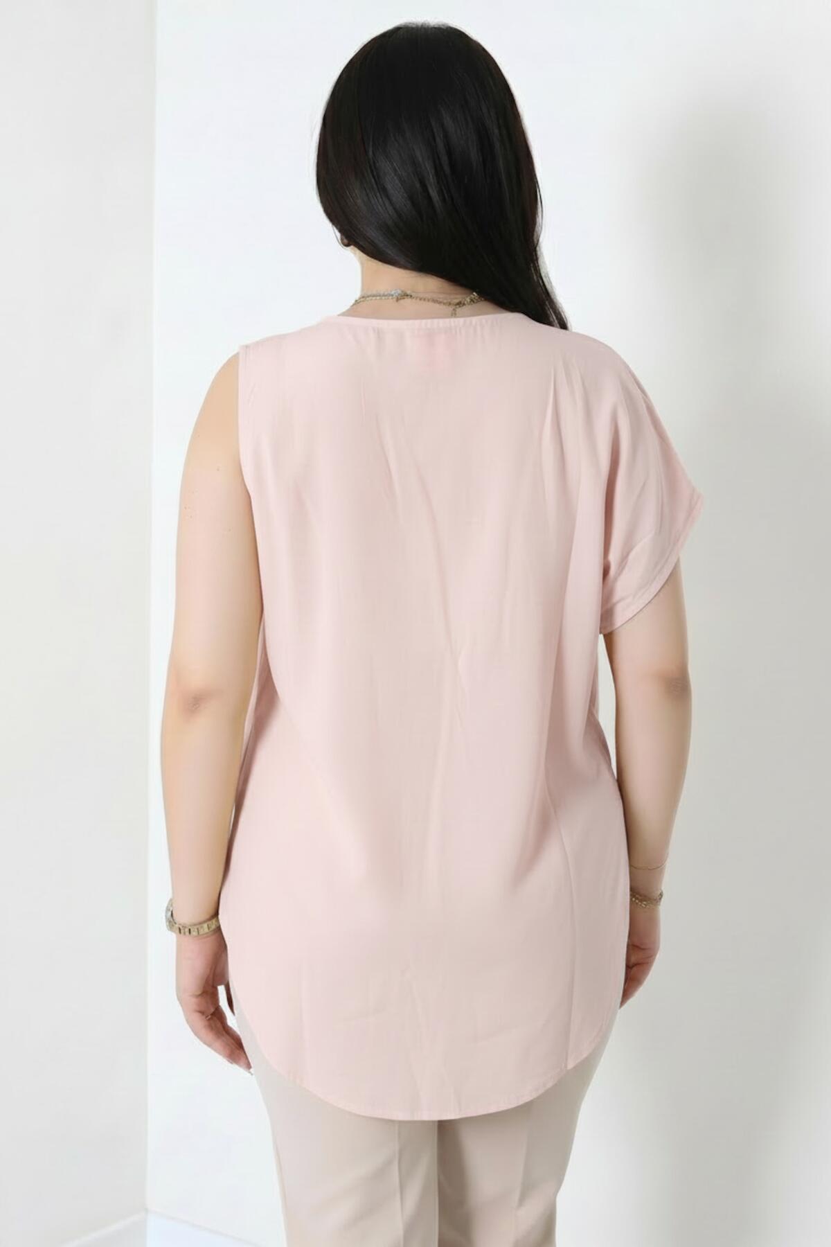 Kadın Tencel Yanı Pileli Bluz  Pembe