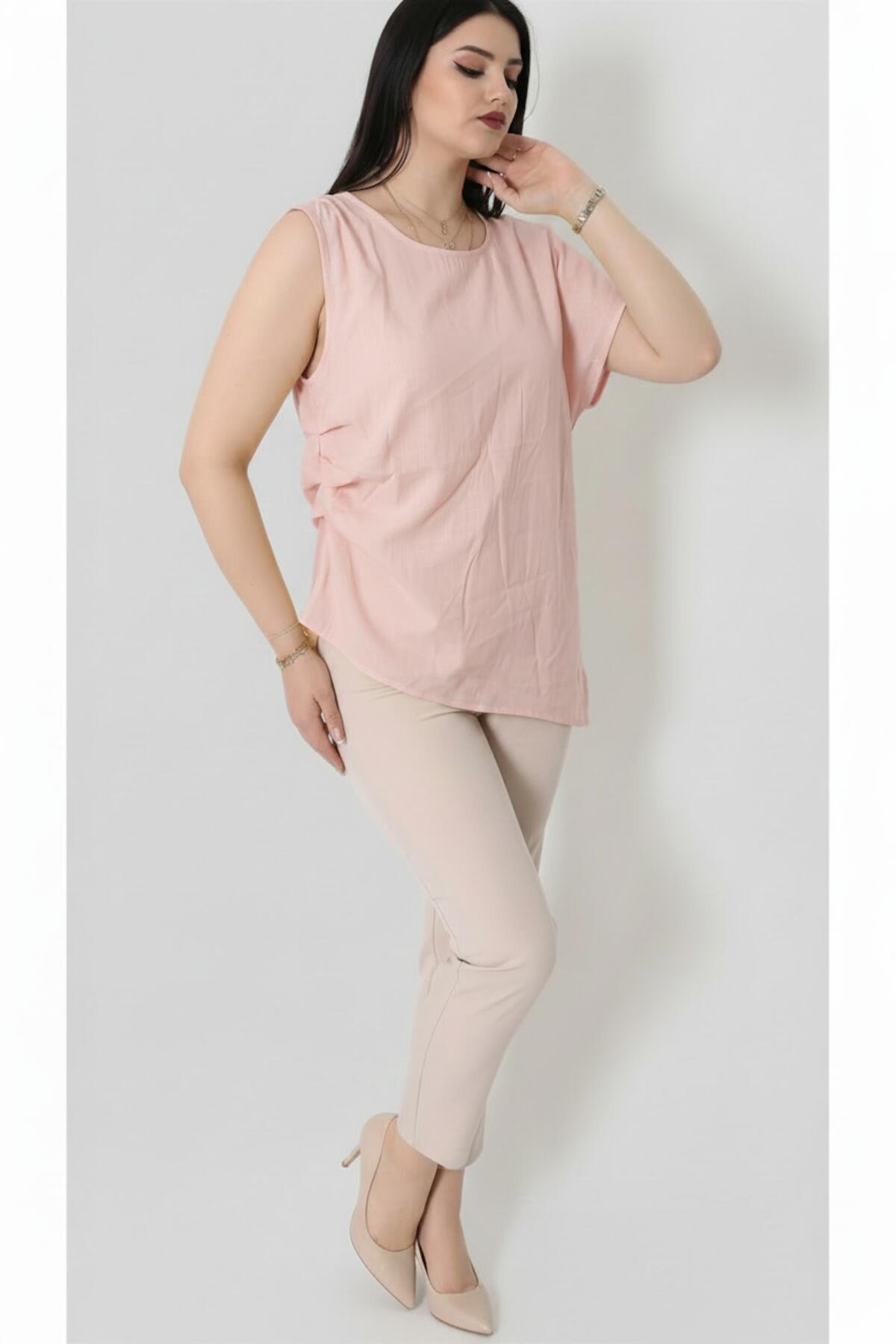 Kadın Tencel Yanı Pileli Bluz  Pembe