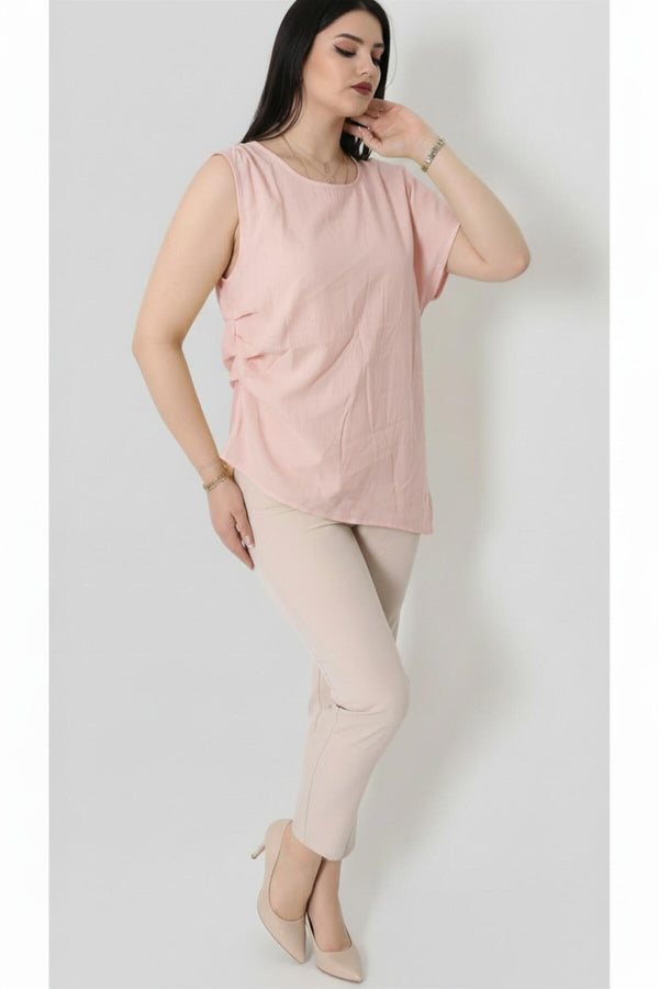 Kadın Tencel Yanı Pileli Bluz  Pembe