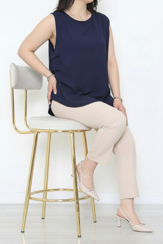 Kadın Tencel Yanı Pileli Bluz  Lacivert