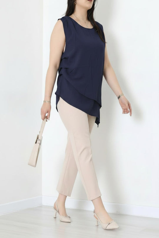 Kadın Tencel Yanı Pileli Bluz  Lacivert