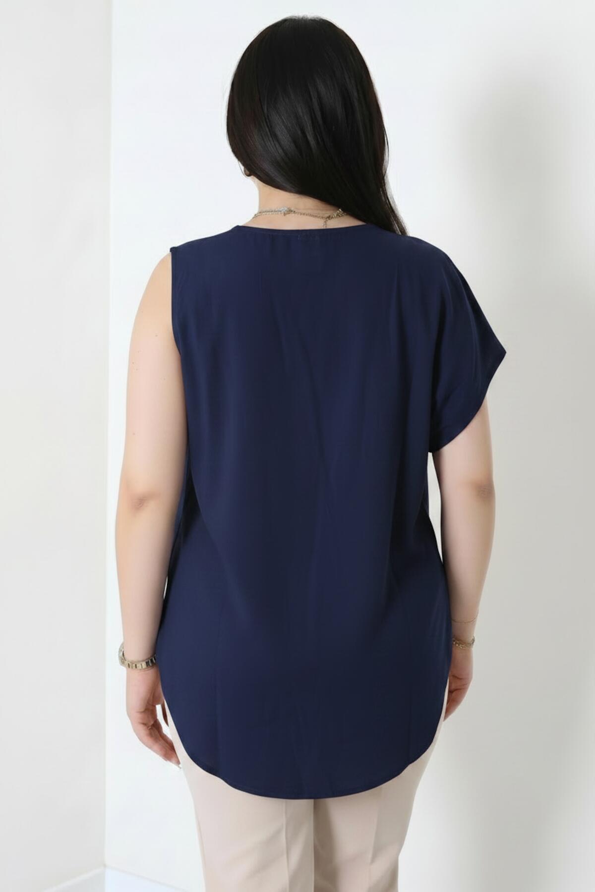 Kadın Tencel Yanı Pileli Bluz  Lacivert