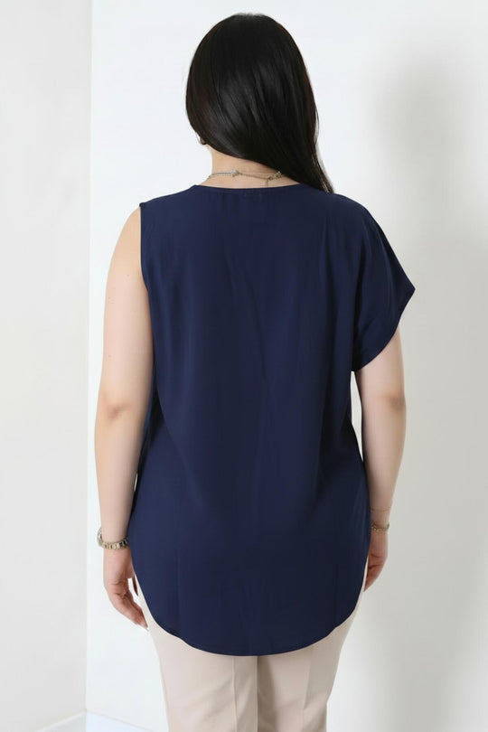 Kadın Tencel Yanı Pileli Bluz  Lacivert