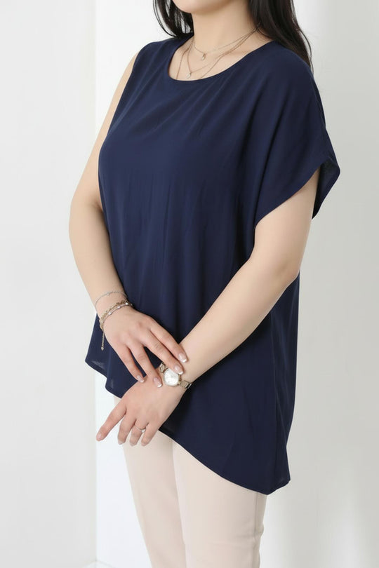 Kadın Tencel Yanı Pileli Bluz  Lacivert