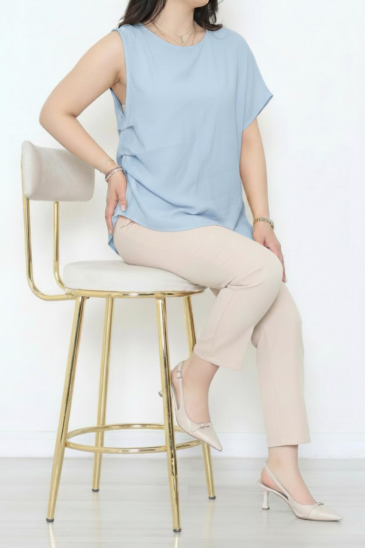 Kadın Tencel Yanı Pileli Bluz  Mavi