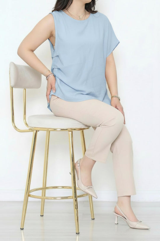 Kadın Tencel Yanı Pileli Bluz  Mavi