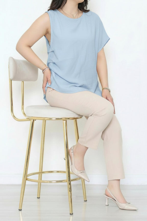 Kadın Tencel Yanı Pileli Bluz  Mavi