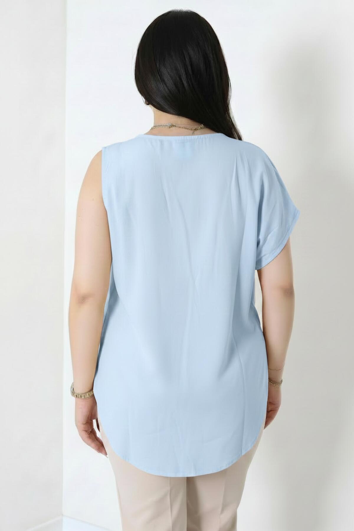 Kadın Tencel Yanı Pileli Bluz  Mavi