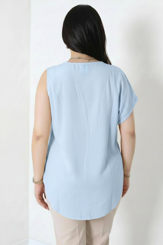 Kadın Tencel Yanı Pileli Bluz  Mavi