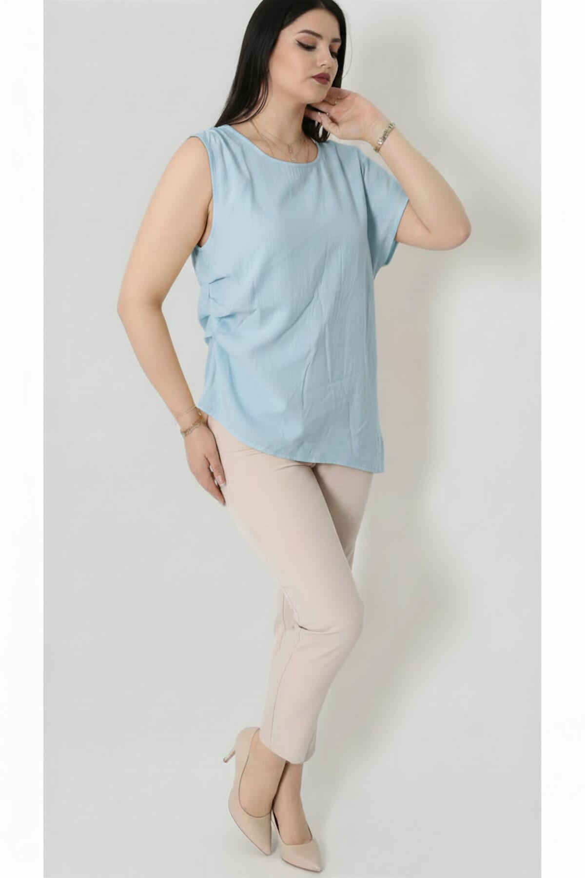 Kadın Tencel Yanı Pileli Bluz  Mavi