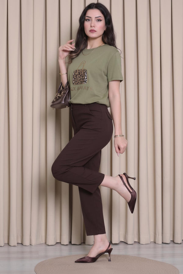 Kadın Çanta Taş İşlemeli Tshırt  Haki