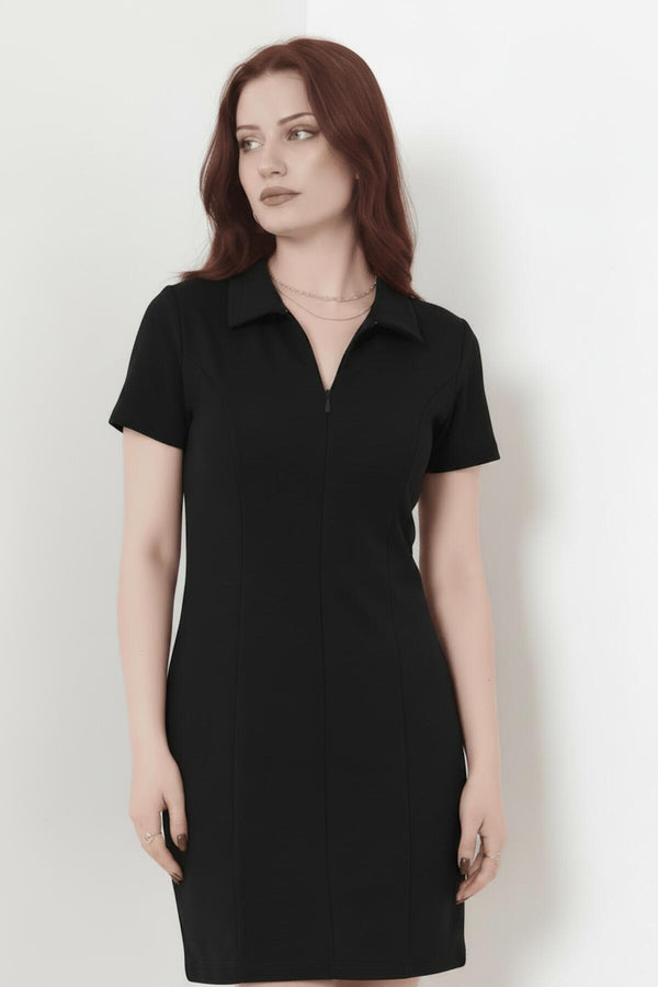 Kadın Likralı Yakalı Çimalı Elbise  Siyah