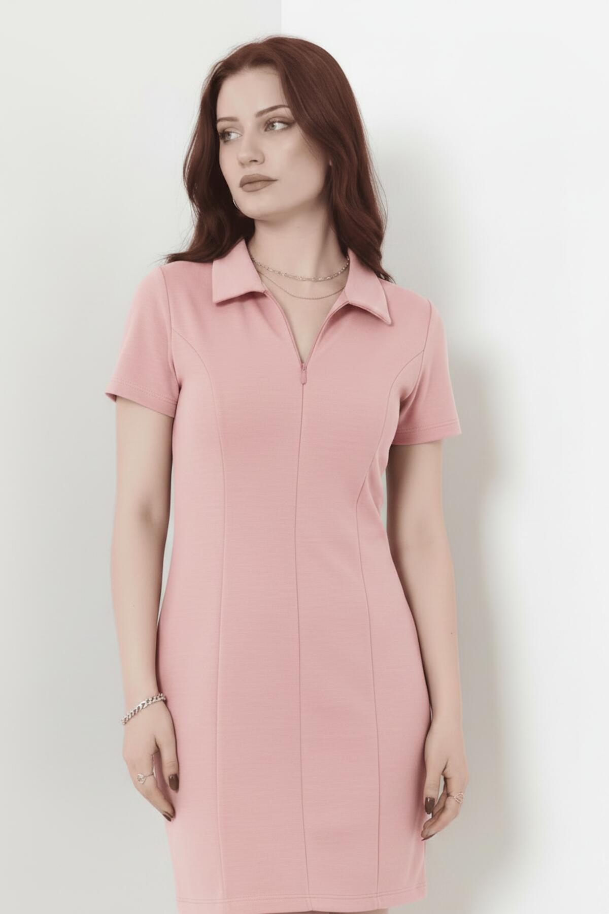Kadın Likralı Yakalı Çimalı Elbise  Pembe