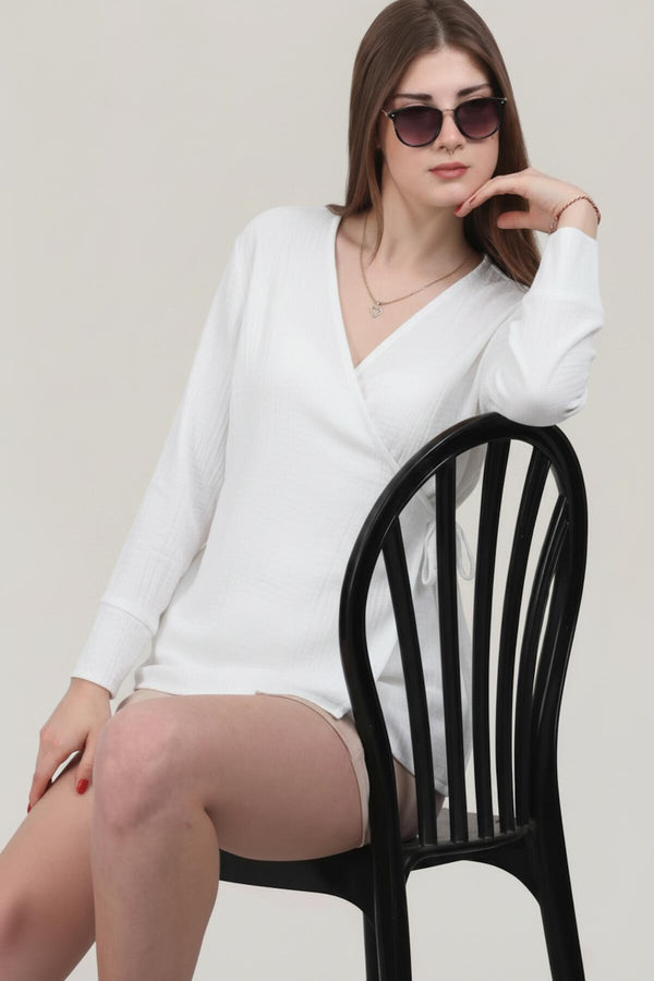 Kadın Müslin Kruvaze Kimono Tunik  Beyaz