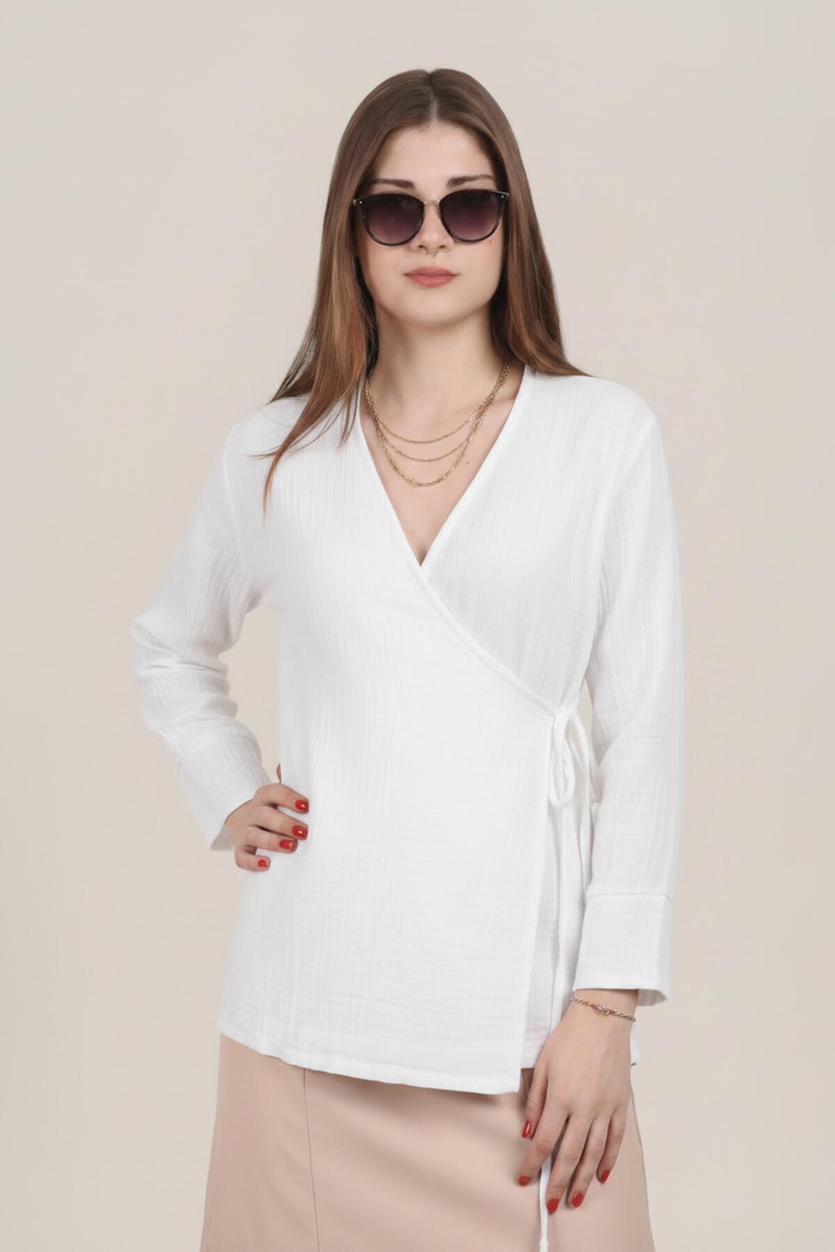 Kadın Müslin Kruvaze Kimono Tunik  Beyaz