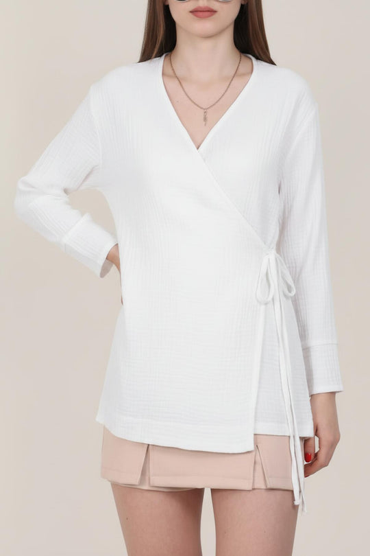 Kadın Müslin Kruvaze Kimono Tunik  Beyaz