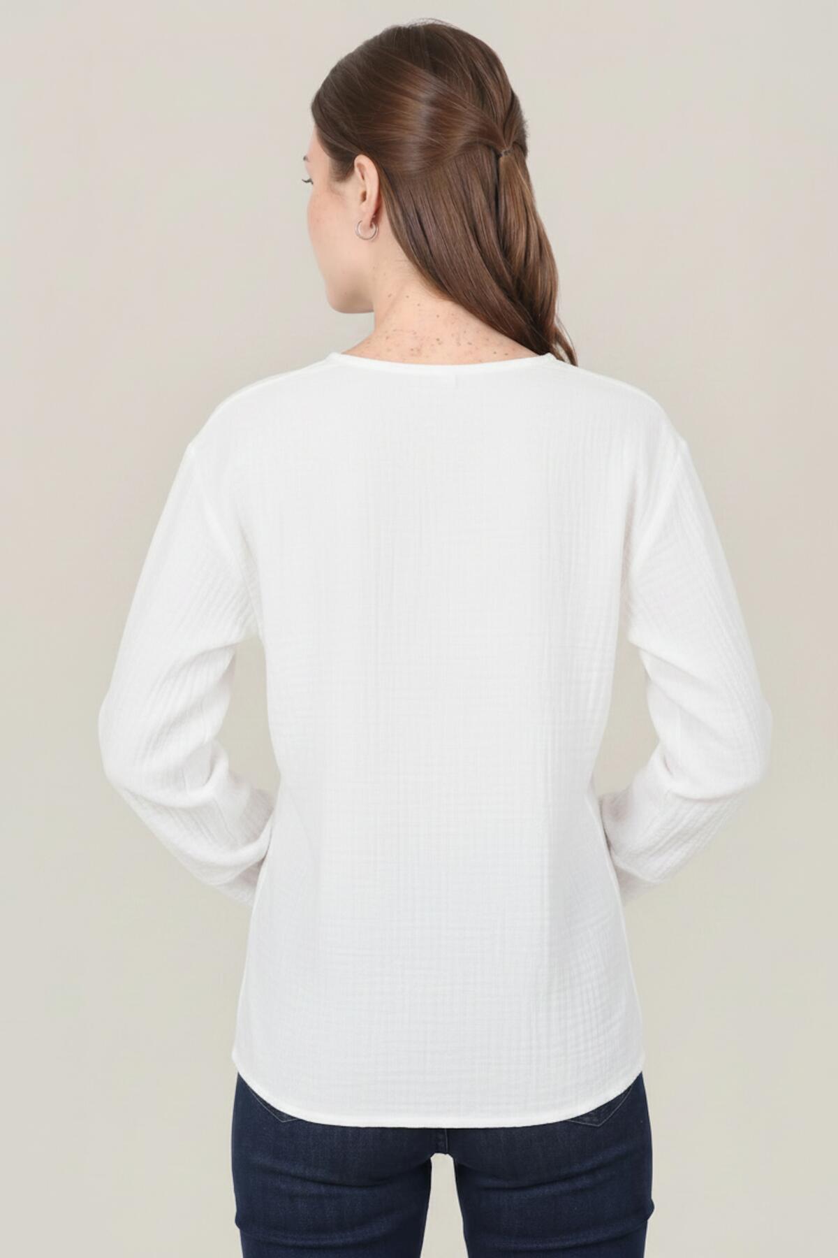 Kadın Müslin Kruvaze Kimono Tunik  Beyaz