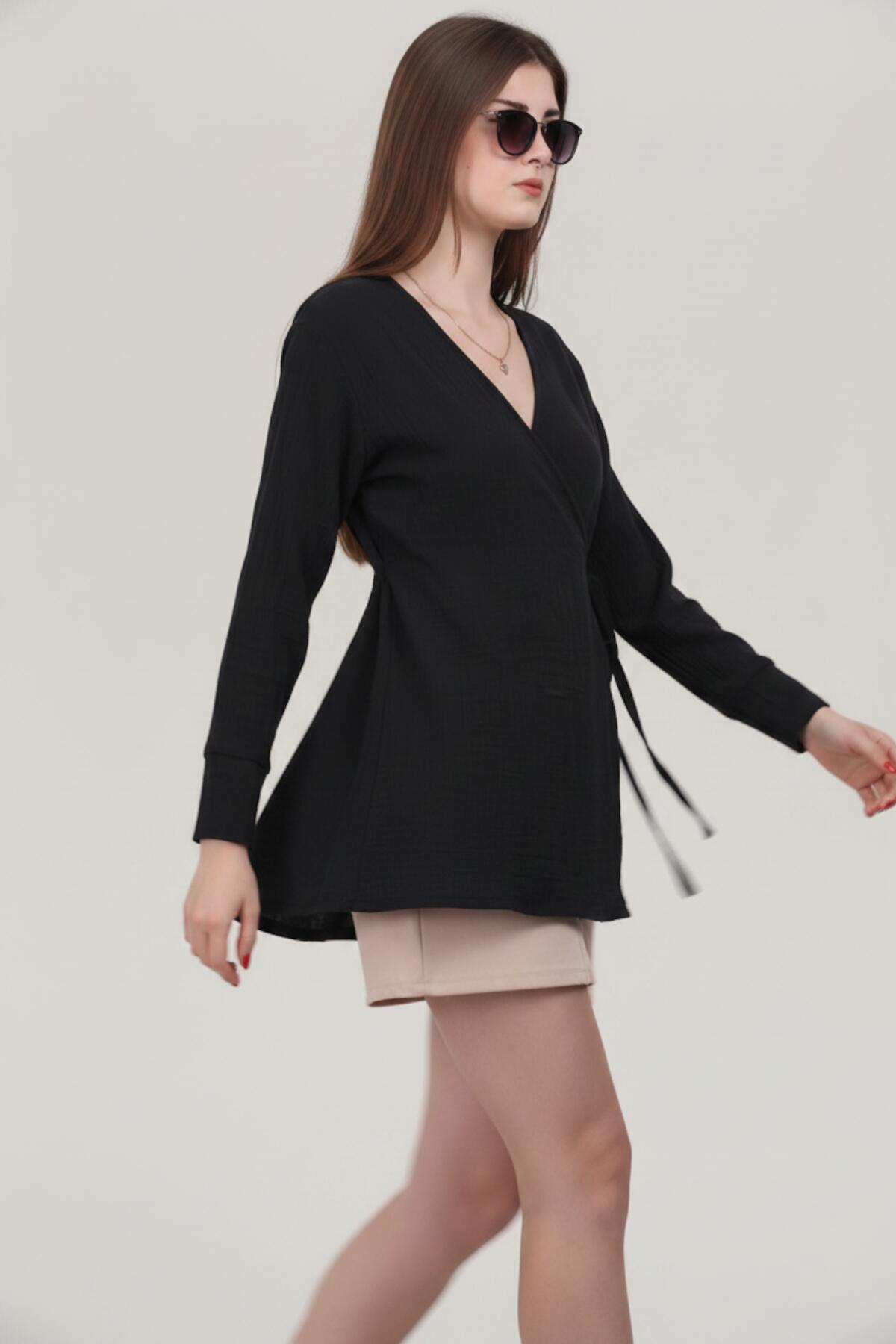 Kadın Müslin Kruvaze Kimono Tunik  Siyah
