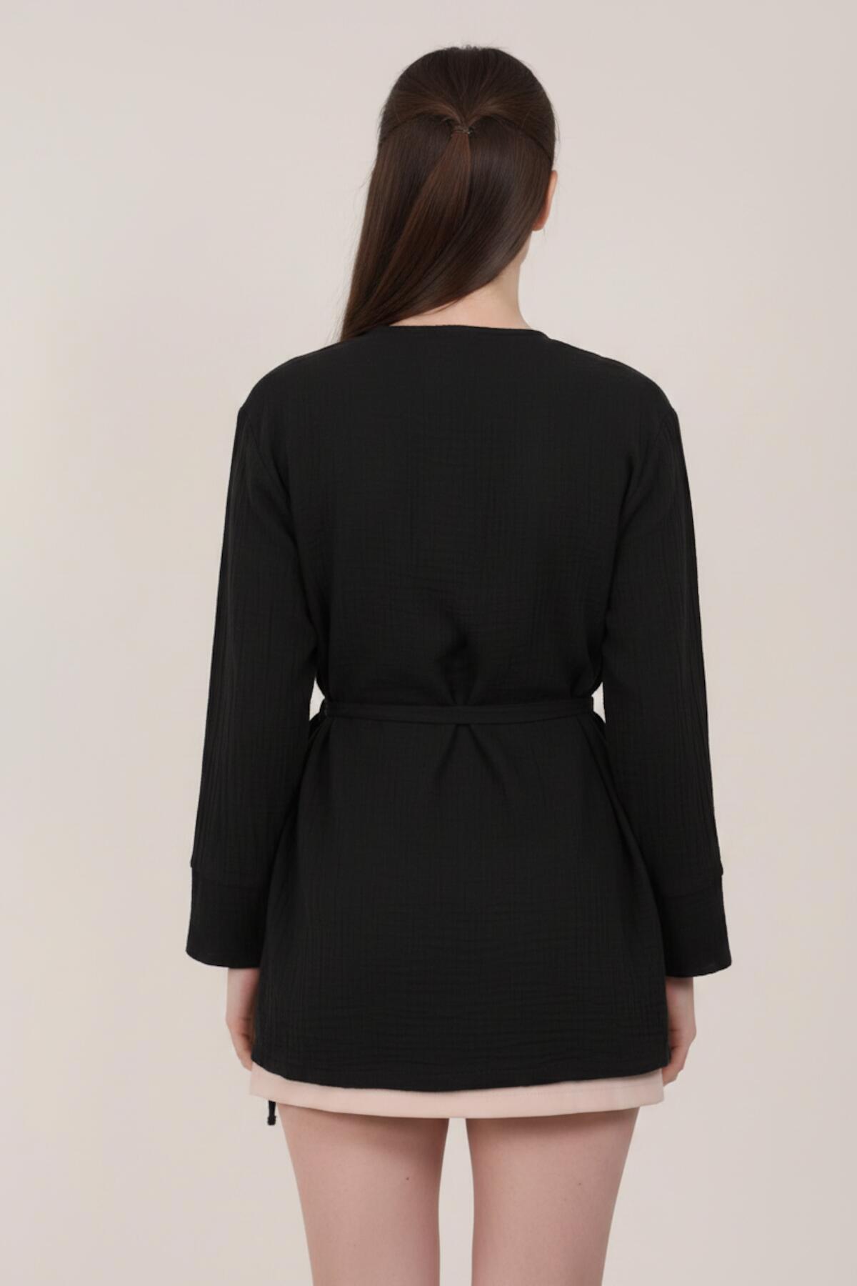Kadın Müslin Kruvaze Kimono Tunik  Siyah