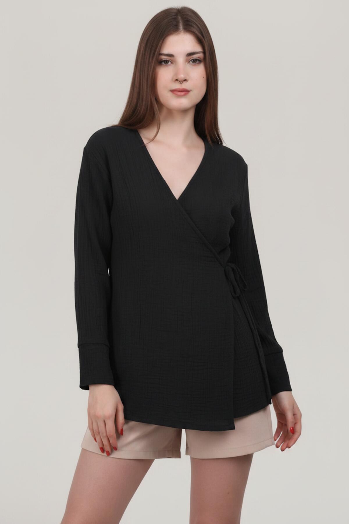 Kadın Müslin Kruvaze Kimono Tunik  Siyah