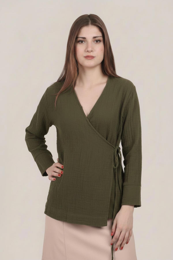 Kadın Müslin Kruvaze Kimono Tunik  Haki