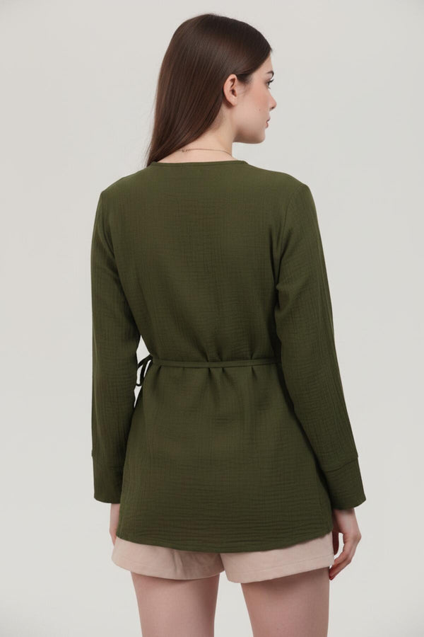 Kadın Müslin Kruvaze Kimono Tunik  Haki