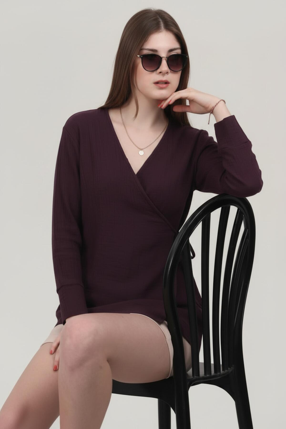 Kadın Müslin Kruvaze Kimono Tunik  Mürdüm