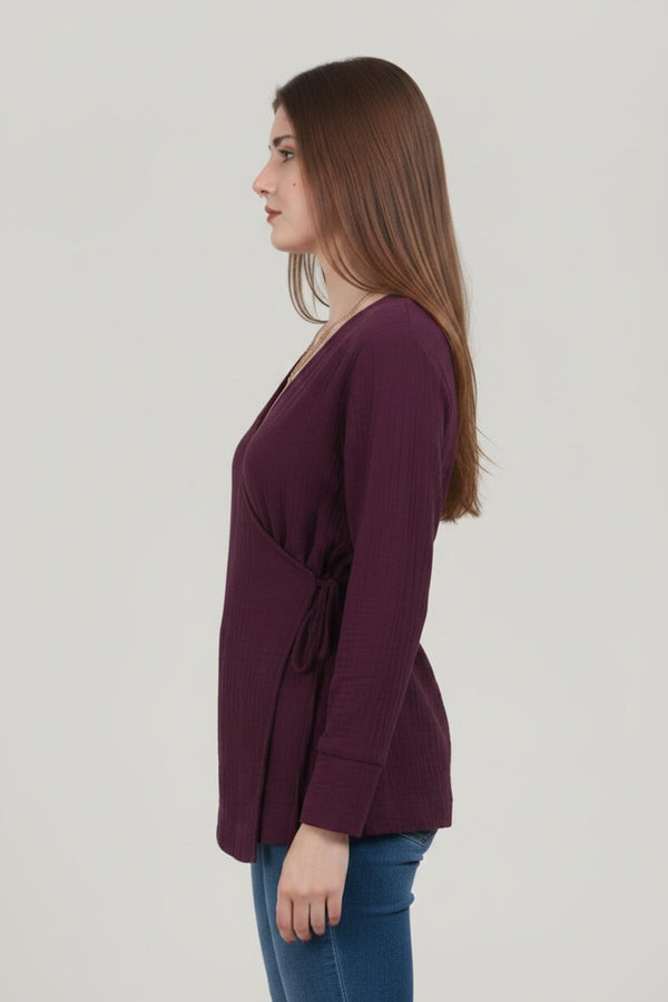 Kadın Müslin Kruvaze Kimono Tunik  Mürdüm