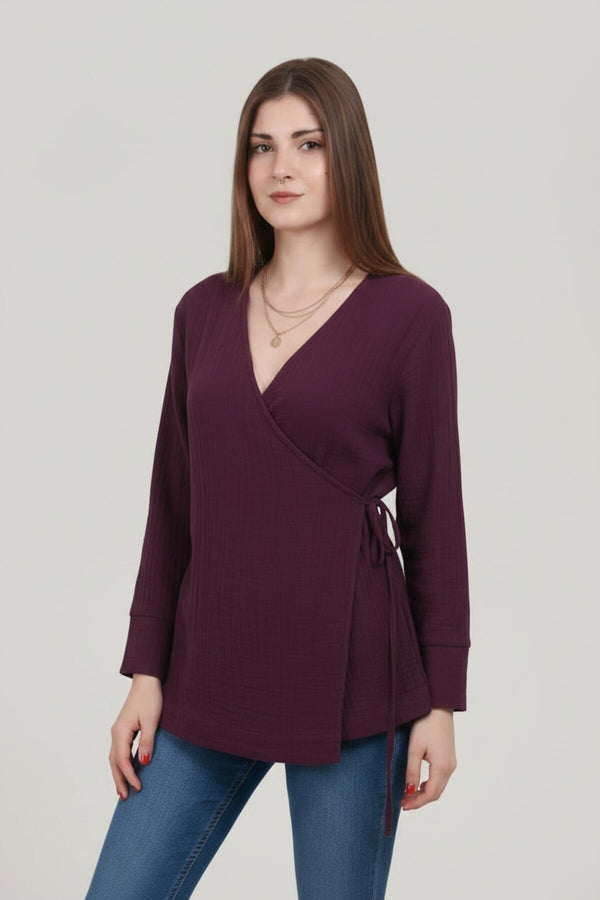 Kadın Müslin Kruvaze Kimono Tunik  Mürdüm