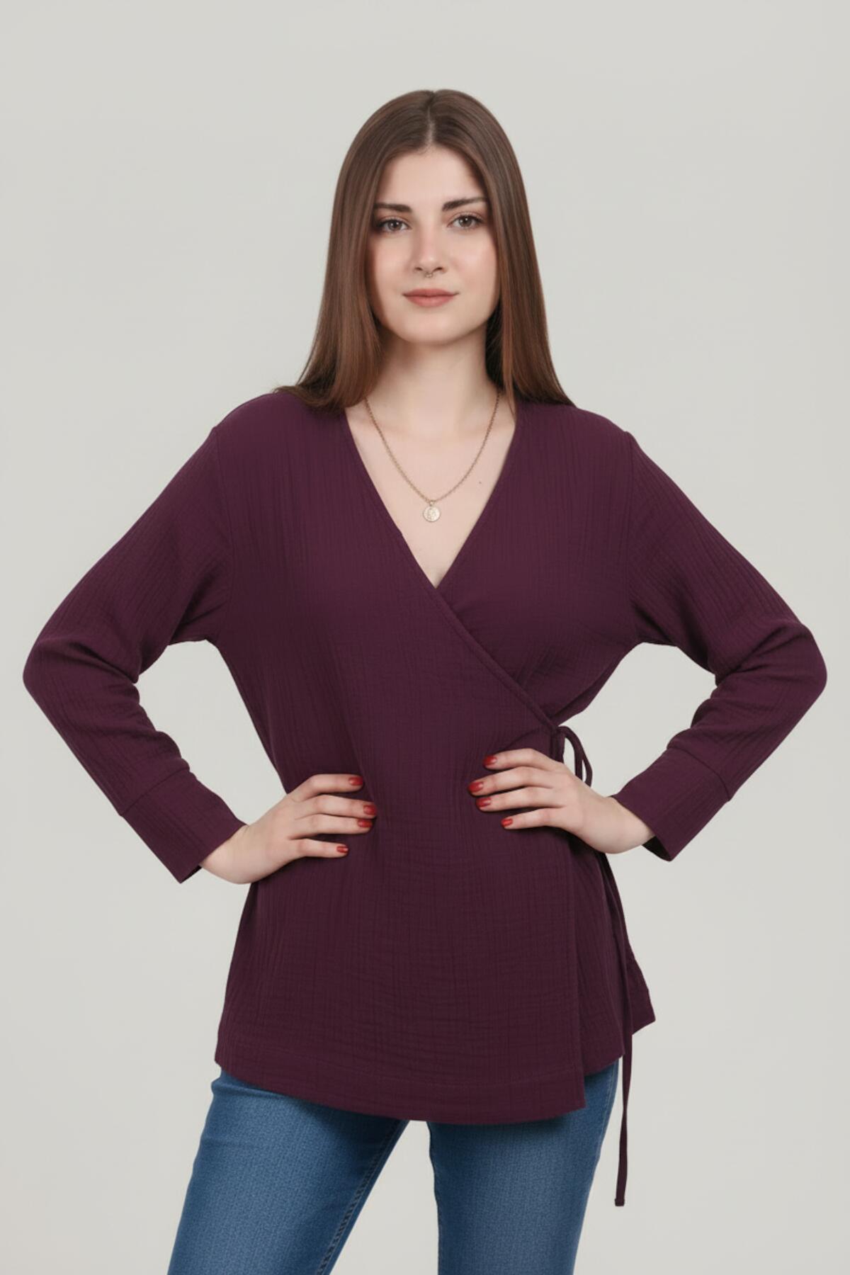 Kadın Müslin Kruvaze Kimono Tunik  Mürdüm