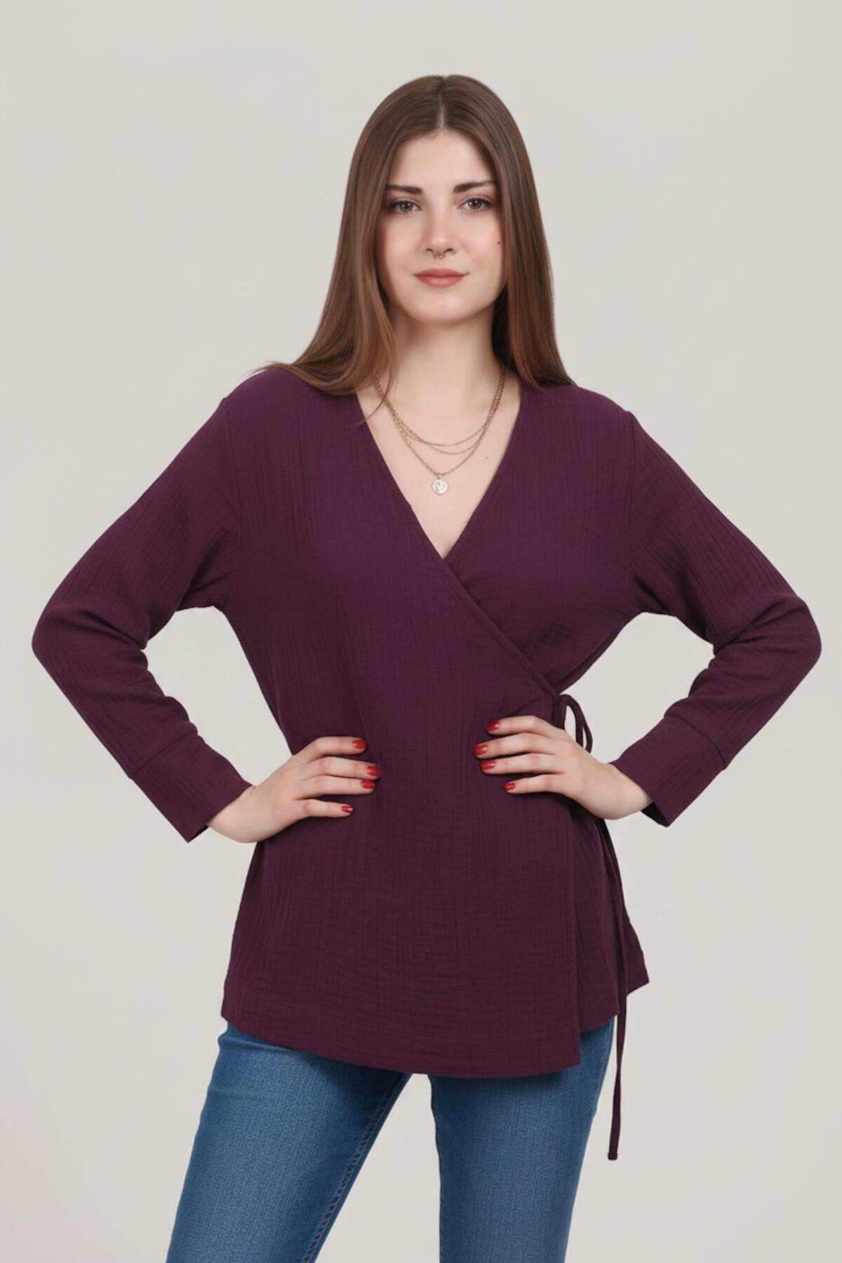 Kadın Müslin Kruvaze Kimono Tunik  Mürdüm