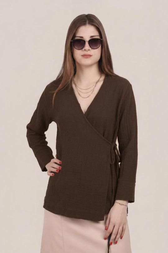 Kadın Müslin Kruvaze Kimono Tunik  Kahverengi