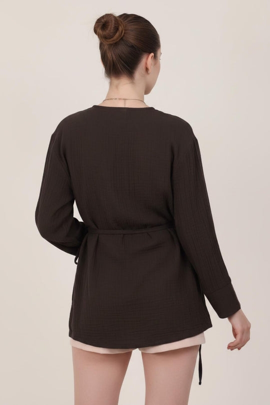 Kadın Müslin Kruvaze Kimono Tunik  Kahverengi