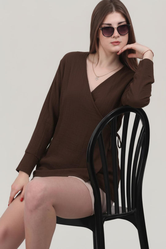 Kadın Müslin Kruvaze Kimono Tunik  Kahverengi