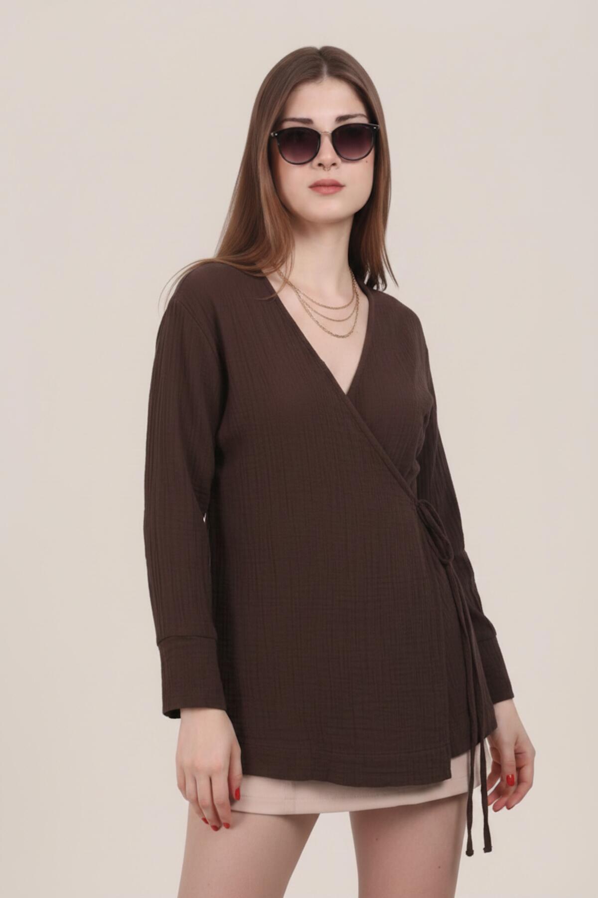 Kadın Müslin Kruvaze Kimono Tunik  Kahverengi