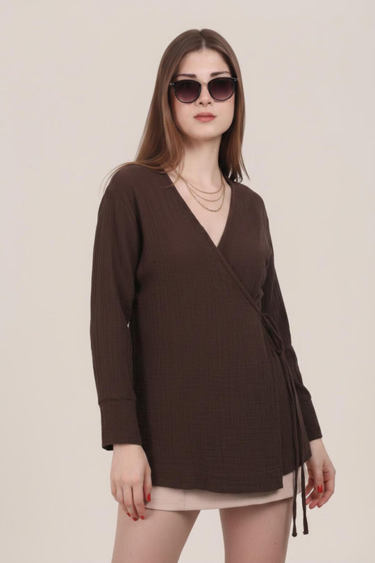 Kadın Müslin Kruvaze Kimono Tunik  Kahverengi