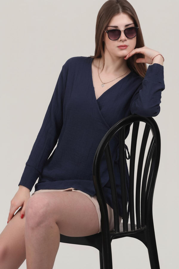 Kadın Müslin Kruvaze Kimono Tunik  Lacivert