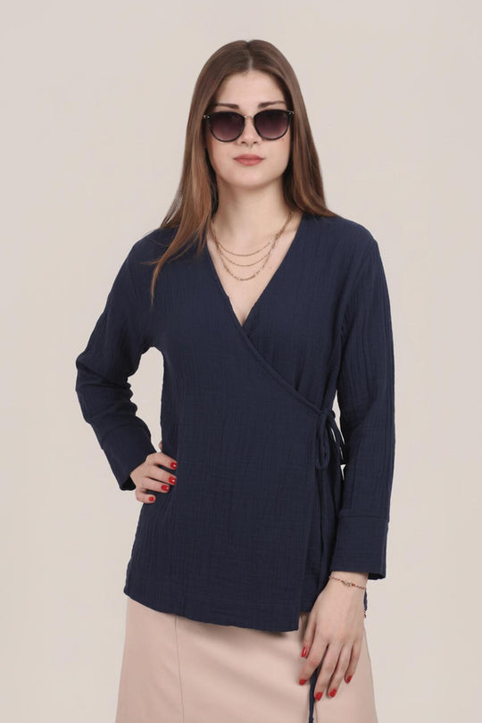 Kadın Müslin Kruvaze Kimono Tunik  Lacivert