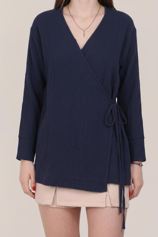 Kadın Müslin Kruvaze Kimono Tunik  Lacivert