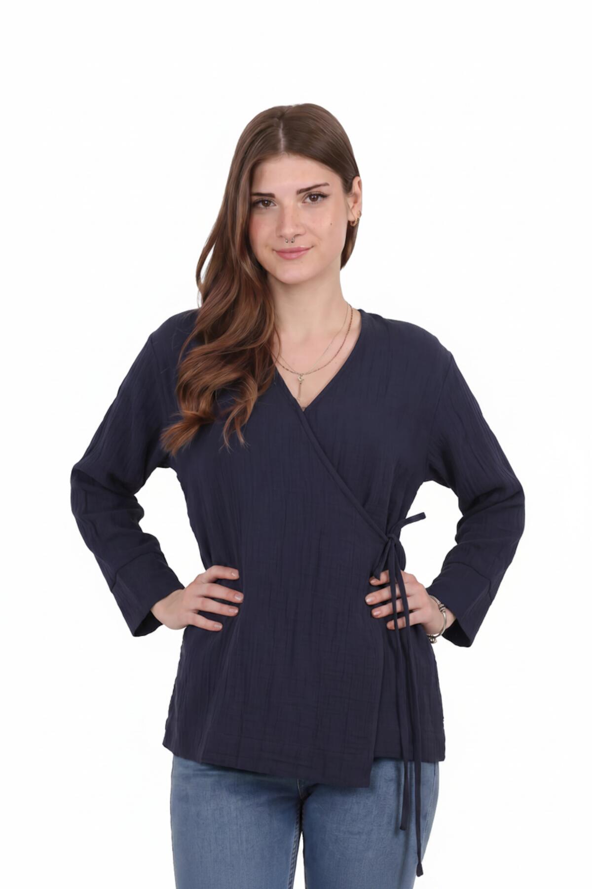 Kadın Müslin Kruvaze Kimono Tunik  Lacivert