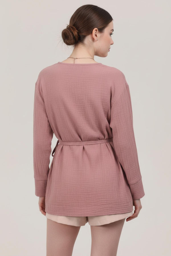 Kadın Müslin Kruvaze Kimono Tunik  Pembe