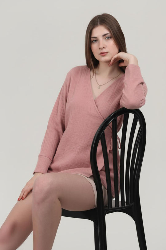 Kadın Müslin Kruvaze Kimono Tunik  Pembe