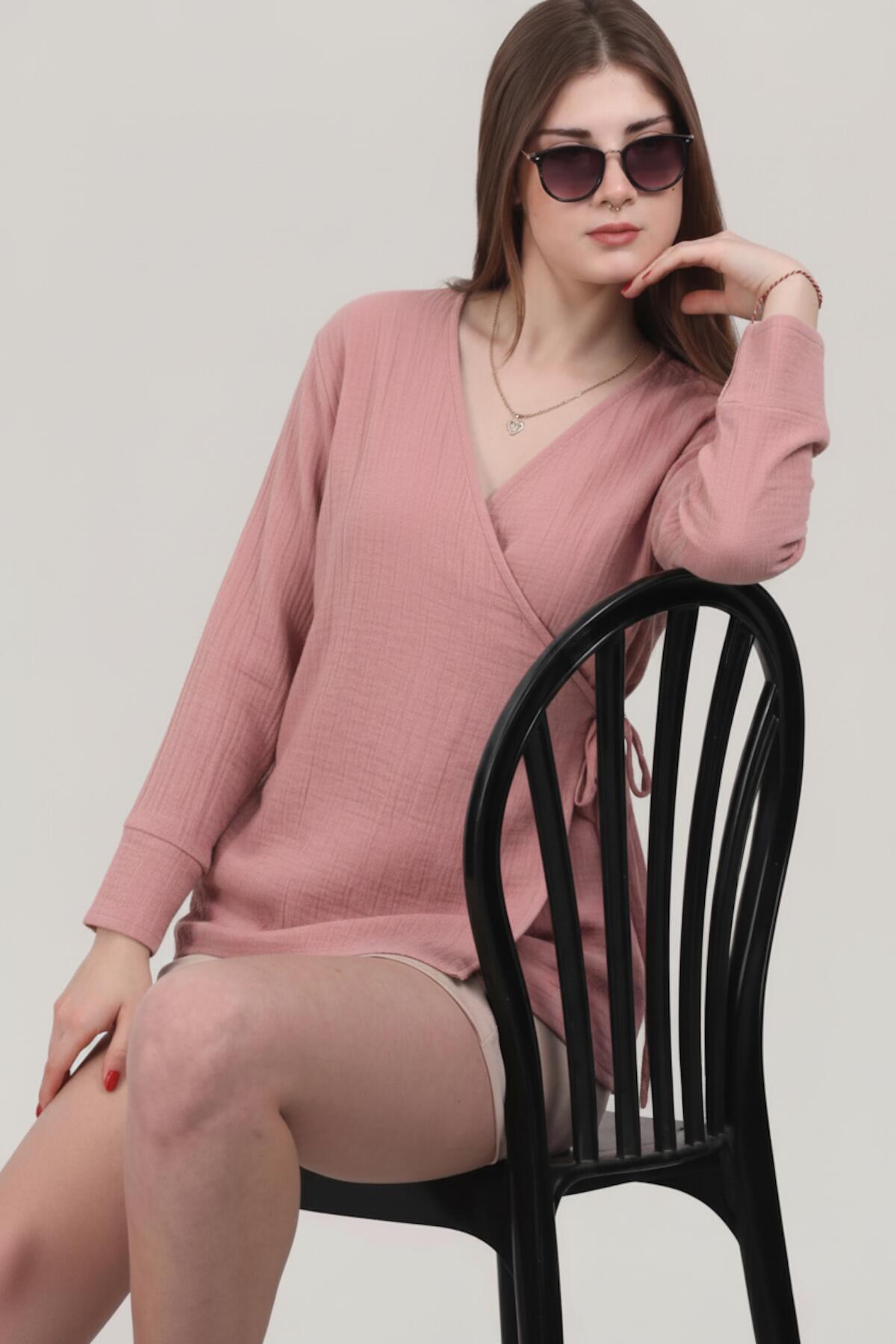 Kadın Müslin Kruvaze Kimono Tunik  Pembe