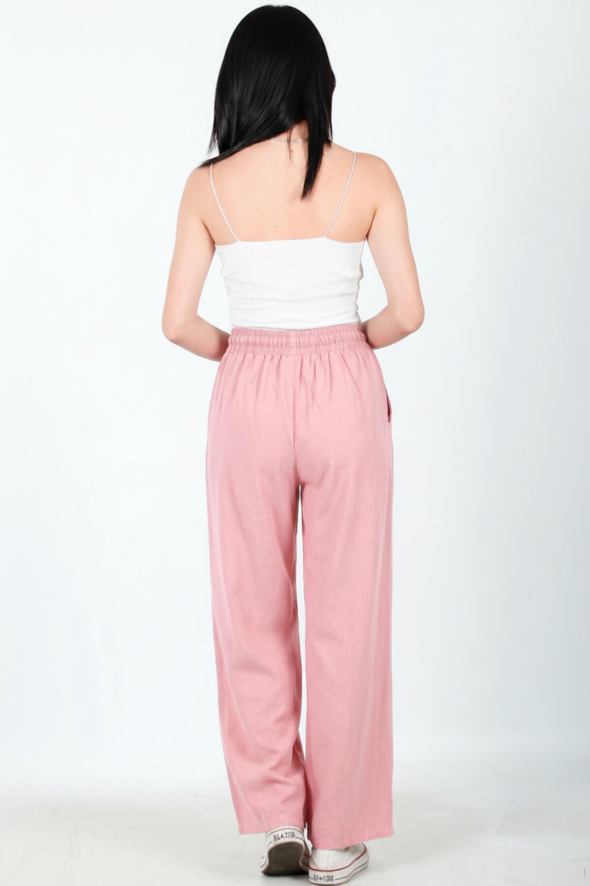 Kadın Pamuklu Keten Bol Paça Pantolon  Pembe