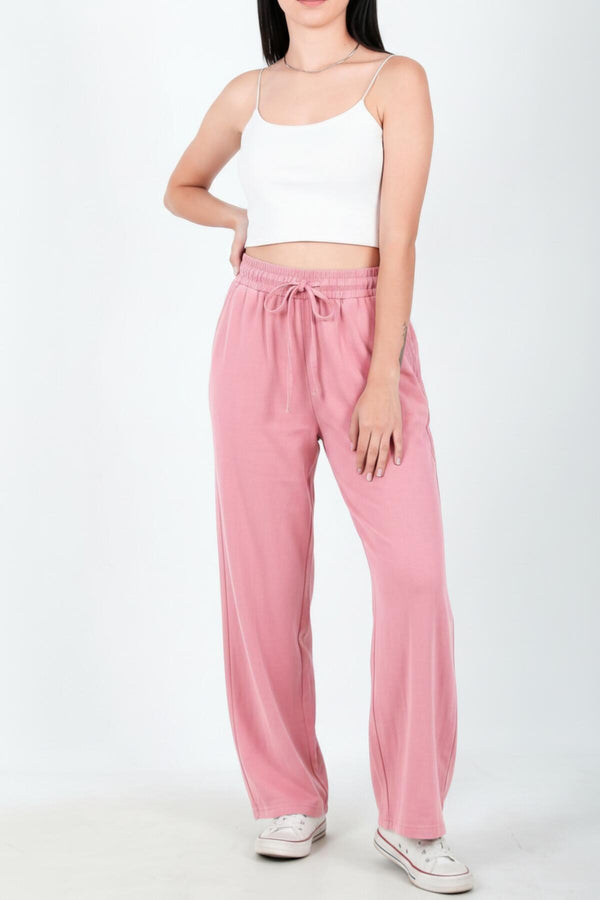 Kadın Pamuklu Keten Bol Paça Pantolon  Pembe